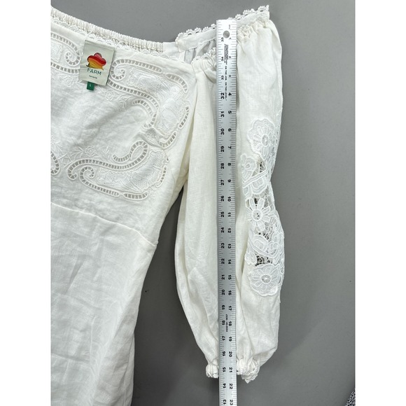 Farm Rio Dress Large White Mini Puff Sleeve Embroidered Linen Cottagecore Boho - Picture 13 of 16
